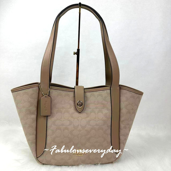 Coach Hadley Turnlock Tote Bag With Signature Canvas In Gold/Dark Natural CAK51 - Picture 1 of 10